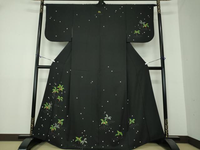 平和屋着物●訪問着　刺繍　南天文　黒地　金糸　正絹　逸品　DAAY1826ps