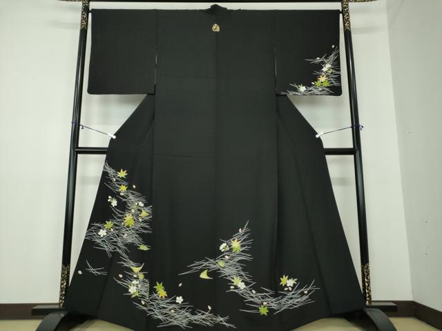 平和屋着物●訪問着　刺繍　吹き寄せ花文　黒地　金糸　正絹　逸品　DAAY1827ps