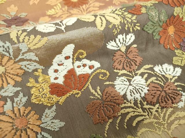 平和屋着物○六通柄袋帯 唐織 舞蝶花文 金糸 正絹 逸品