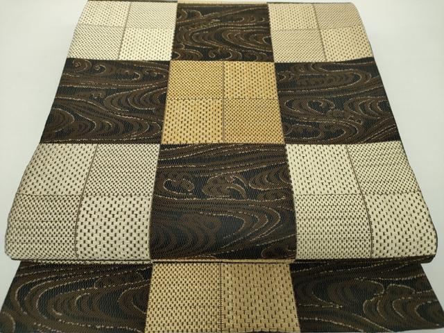 平和屋着物●六通柄袋帯　市松立波文　金糸　正絹　逸品　DAAY1846ps