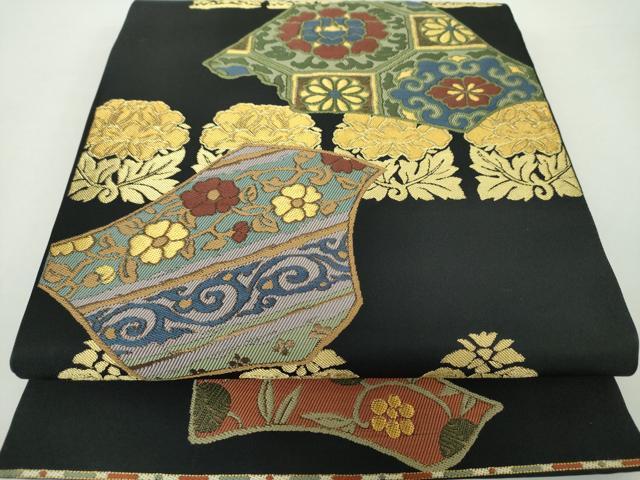 平和屋着物●六通柄　本袋帯　正倉院名物裂文　黒地　金糸　正絹　逸品　DAAY1850ps