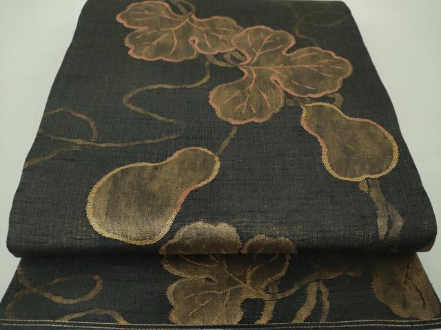 平和屋着物▽六通柄袋帯　スリーシーズン帯　春　夏　秋　紬地　蔦の葉瓢箪　金糸　正絹　逸品　未使用　DAAY1859ps