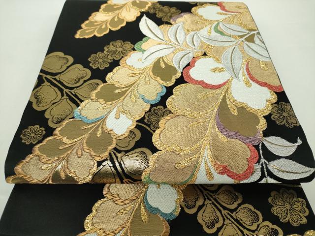 平和屋着物●六通柄袋帯　藤花房　黒地　金銀糸　正絹　逸品　DAAY1866ps
