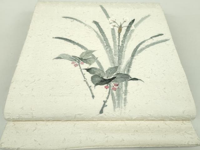 平和屋着物●太鼓柄袋帯　作家物　髭紬　手描き　南天草花文　正絹　逸品　DAAY1871ps