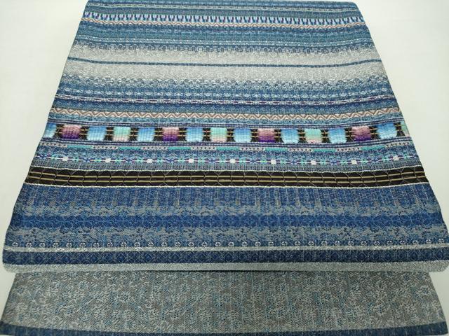 平和屋着物●両面　六通柄袋帯　藍　もじり織　横段花文　金糸　正絹　逸品　未使用　DAAY1876ps
