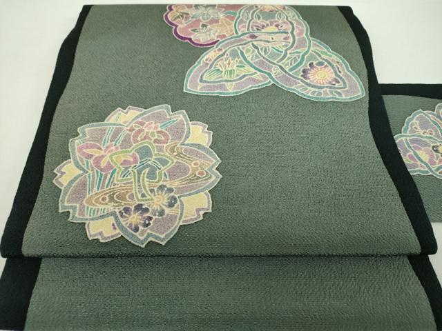 平和屋着物●九寸名古屋帯　作家物　吉祥流水花文　鬼しぼ縮緬　正絹　逸品　DAAY1916ps