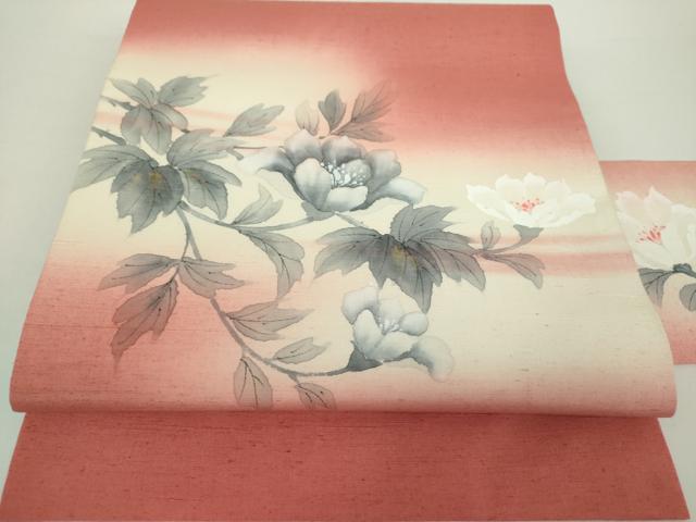 平和屋着物●内山晴祥　手描き　九寸名古屋帯　紬地　草花文　金彩　正絹　逸品　DAAY1918ps