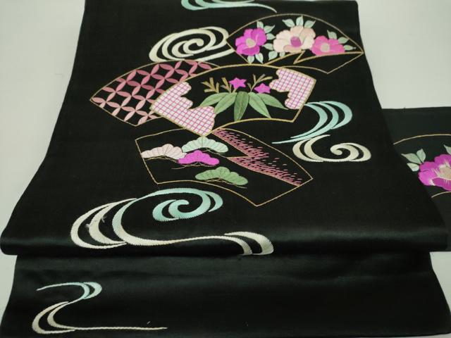 平和屋着物●アンティーク　大正ロマン　九寸名古屋帯　駒刺繍　総刺繍　地紙流水花文　黒地　金糸　正絹　逸品　DAAY1928ps