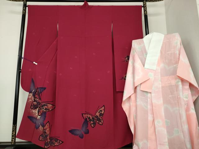 平和屋着物●森英恵・HANAE MORI　振袖　長襦袢(無双仕立て)セット　竹屋町刺繍　舞蝶花文　金彩　正絹　逸品　DAAY1961ps
