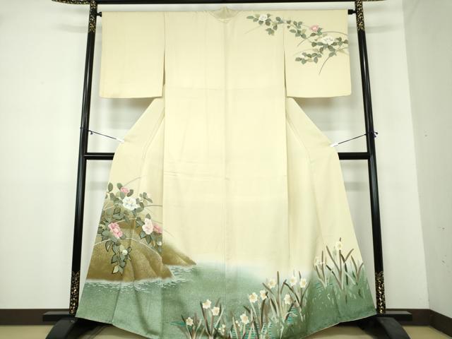 平和屋着物●訪問着　手描き　水辺風景花文　暈し染め　正絹　逸品　DAAY1978ps