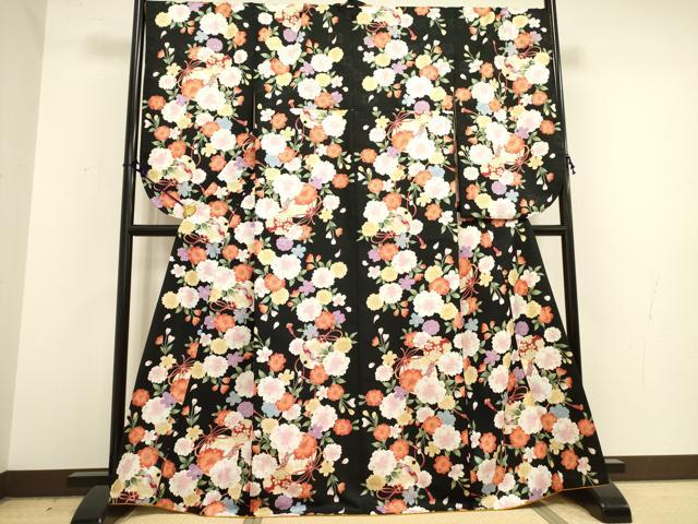 平和屋着物●小振袖　二尺袖　花鞠文　黒地　洗える着物　DAAY2476op