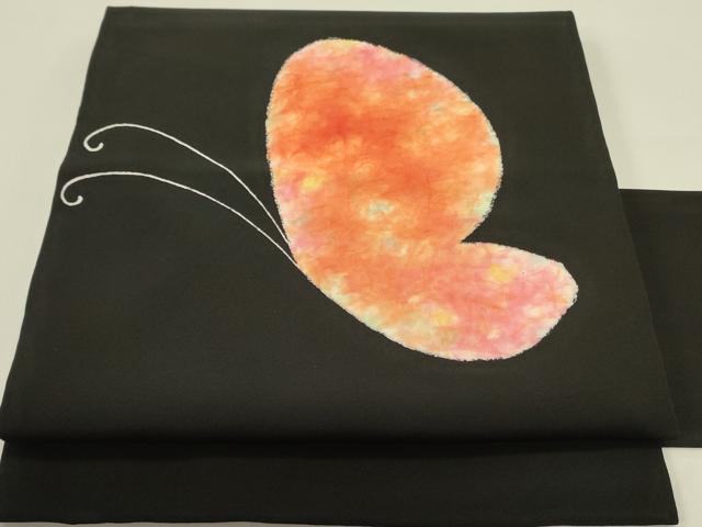 平和屋着物●塩瀬　九寸名古屋帯　舞蝶文　黒地　正絹　逸品　DAAY2653op