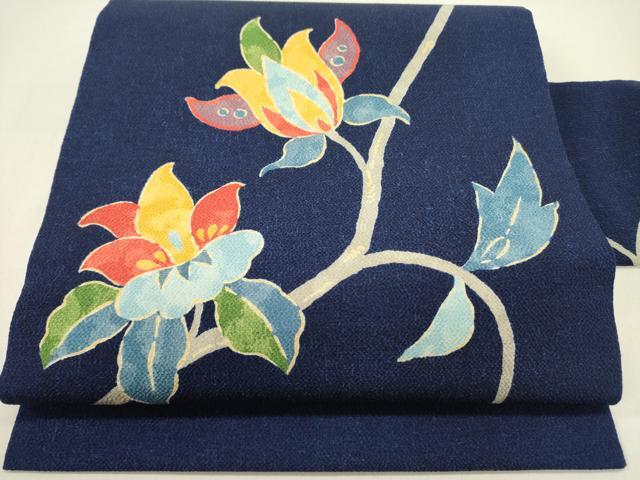 平和屋着物●全通柄九寸名古屋帯　型染　更紗花文　鬼しぼ縮緬　正絹　逸品　DAAY2655op