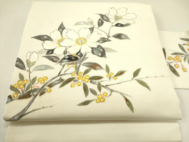 平和屋着物●塩瀬　九寸名古屋帯　作家物　手描き　南天草花文　正絹　逸品　DAAY2659op