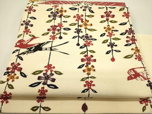 平和屋着物●九寸名古屋帯　型染　花鳥文　鬼しぼ縮緬　正絹　逸品　DAAY2670op