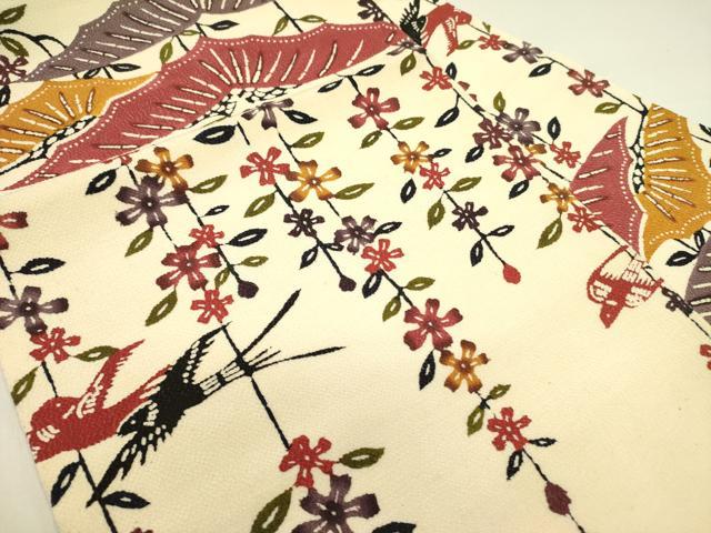 平和屋着物○九寸名古屋帯 型染 花鳥文 鬼しぼ縮緬 正絹