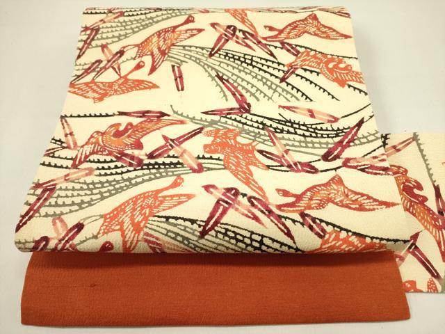 平和屋着物●九寸名古屋帯　型染　飛鳥文　鬼しぼ縮緬　正絹　逸品　DAAY2672op