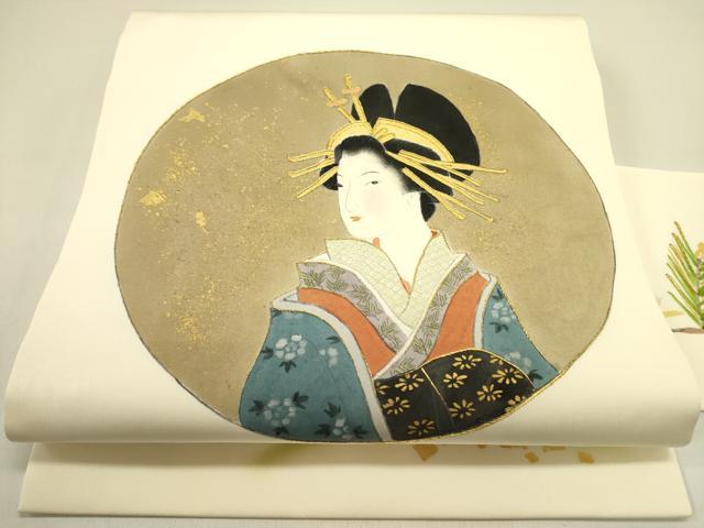 平和屋着物●塩瀬　九寸名古屋帯　駒刺繍　女人文　金銀彩　正絹　逸品　DAAY2682op