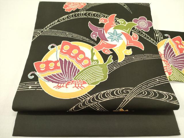 平和屋着物●塩瀬　全通柄九寸名古屋帯　型染　立波舞蝶花文　黒地　正絹　逸品　DAAY2705op