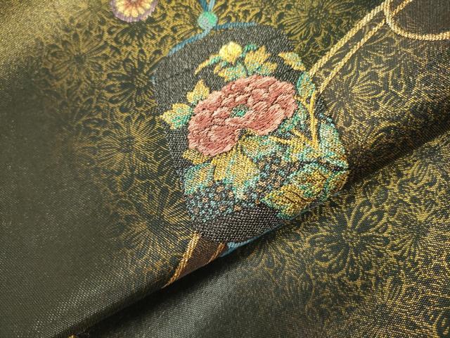 平和屋着物○太鼓柄袋帯 芳薫 黒地 金糸 引箔 正絹 逸品 DAAY2707op