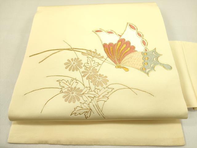平和屋着物●塩瀬　九寸名古屋帯　駒刺繍　総刺繍　舞蝶花文　金糸　正絹　逸品　DAAY2713op