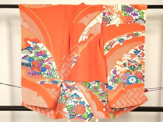 平和屋着物[]七五三　女の子　３歳　祝着　三つ身　型染　風景花鳥文　逸品　DAAY3089ma