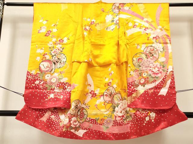 平和屋着物[]七五三　女の子　３歳　祝着　三つ身　長襦袢(単衣・半衿刺繍)セット　熨斗鼓飛鶴花文　金彩　逸品　DAAY3155ma_1