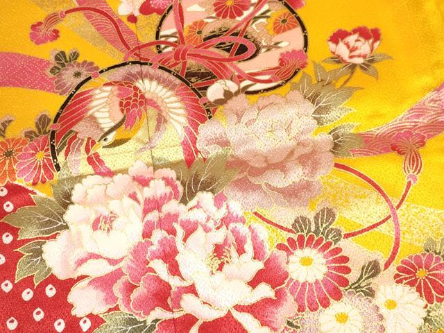 平和屋着物[]七五三　女の子　３歳　祝着　三つ身　長襦袢(単衣・半衿刺繍)セット　熨斗鼓飛鶴花文　金彩　逸品　DAAY3155ma_3