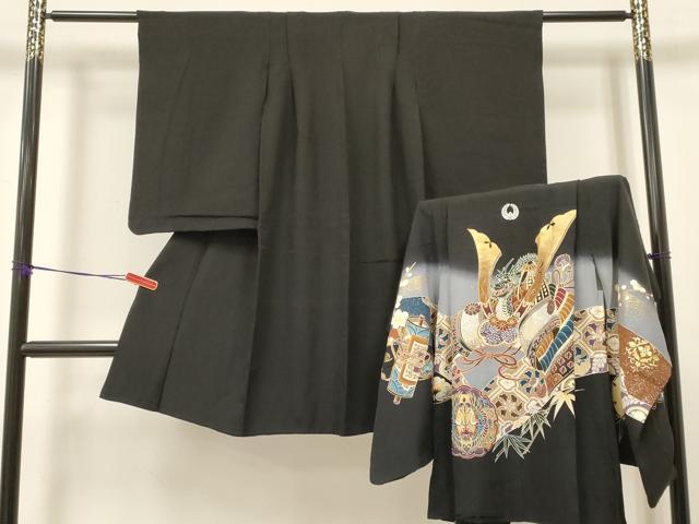 平和屋着物[]七五三　男の子　羽織セット　龍　兜　雪輪向かい鶴笹松文　暈し染め　金銀彩　洗える着物　DAAY3242ma