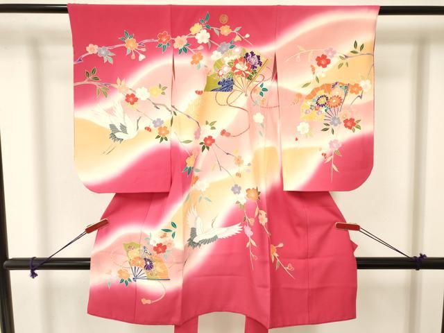 平和屋着物[]七五三　女の子　３歳　祝着　三つ身　飛鶴扇面花文　暈し染め　金彩　逸品　DAAY3244ma