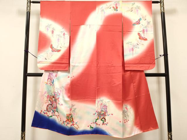 平和屋着物[]七五三　女の子　７歳　祝着　四つ身　御所車飛鶴花文　暈し染め　金銀彩　逸品　DAAY3264ma