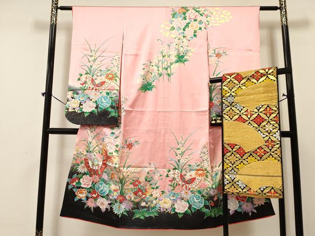 平和屋着物[]七五三 女の子 ７歳 祝着 四つ身 袋帯セット 花蝶文 暈し