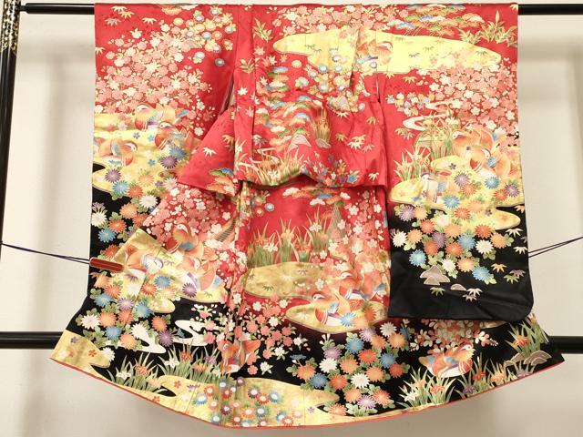 平和屋着物[]七五三　女の子　７歳　祝着　四つ身　鴛鴦花文　暈し染め　金彩　逸品　DAAY3296ma