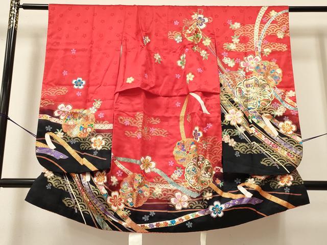 平和屋着物[]七五三　女の子　７歳　祝着　四つ身　駒刺繍　花蝶文　暈し染め　金彩　逸品　DAAY3331ma