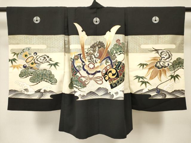 平和屋着物[]七五三　男の子　祝着・羽織・行灯袴・小物セット　龍　兜　立波松文　金彩　洗える着物　DAAY3355ma_5