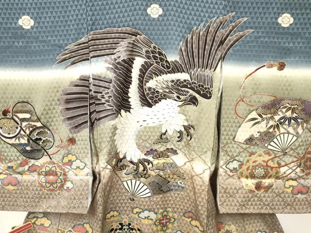 平和屋着物[]お宮参り　男の子　祝着　産着　初着　のしめ　駒刺繍　鷹　鷲　鼓花松文　暈し染め　金銀彩　逸品　DAAY3370ma