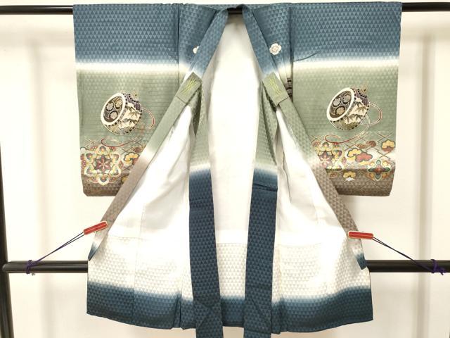 平和屋着物[]お宮参り　男の子　祝着　産着　初着　のしめ　駒刺繍　鷹　鷲　鼓花松文　暈し染め　金銀彩　逸品　DAAY3370ma