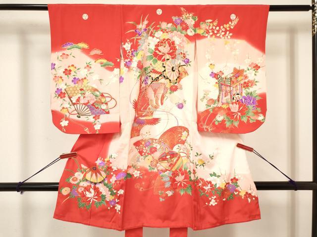 平和屋着物[]七五三　女の子　３歳　祝着　三つ身　長襦袢(袷)セット　鞠　糸車飛鶴花車文　暈し染め　金彩　逸品　DAAY3470ma_1