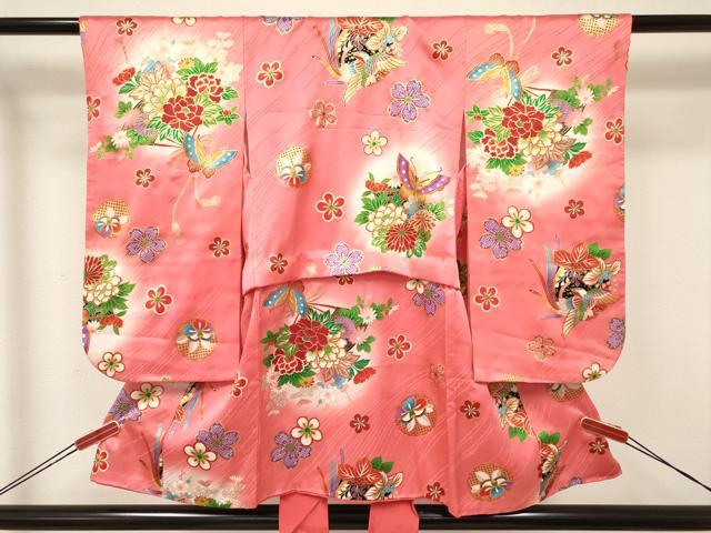 平和屋着物[]七五三　女の子　３歳　祝着　三つ身　長襦袢(単衣)セット　雪輪鳳凰花蝶文　暈し染め　金彩　逸品　DAAY3471ma_1