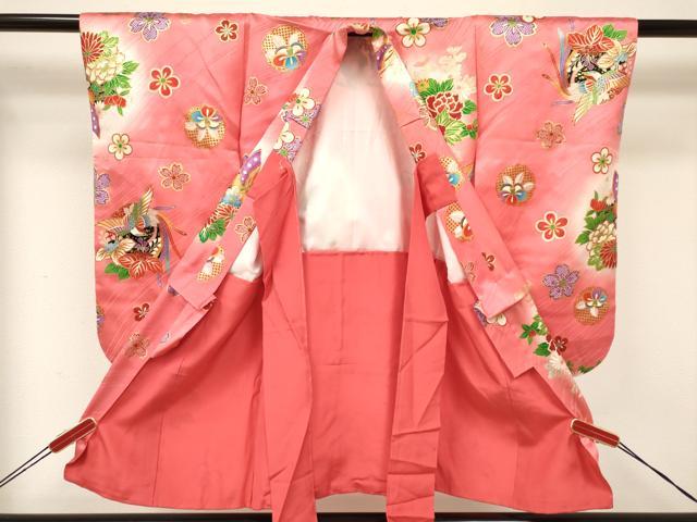 平和屋着物[]七五三　女の子　３歳　祝着　三つ身　長襦袢(単衣)セット　雪輪鳳凰花蝶文　暈し染め　金彩　逸品　DAAY3471ma_2