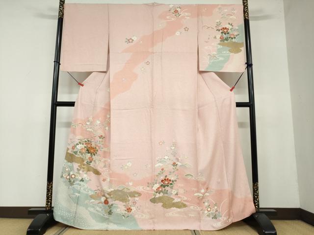平和屋着物●訪問着　駒刺繍　流水草花文　金彩　正絹　逸品　DAAY5192ud