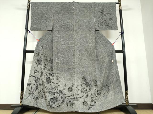 平和屋着物●二代目 川村久太郎　訪問着　更紗花唐草文　たたき染　黒地　正絹　逸品　DAAY5285ud