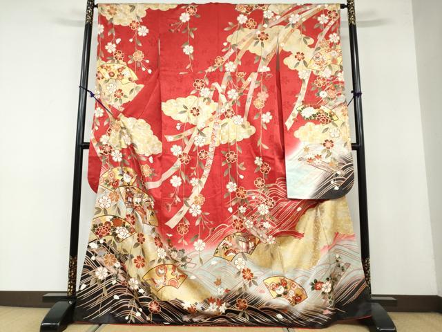 平和屋着物●豪華振袖　駒刺繍　地紙御所車花蝶文　金彩　正絹　逸品　DAAY5358ud