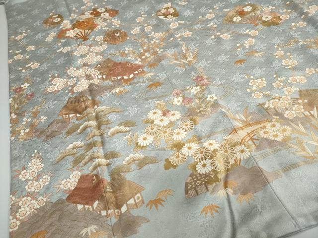 平和屋着物●訪問着　駒刺繍　扇面草花風景文　金彩　正絹　逸品　DAAY5371ud 平和屋着物○訪問着 駒刺繍 扇面草花風景文 金彩 正絹 逸品 DAAY5371ud