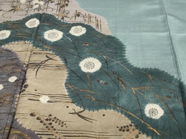 平和屋着物○訪問着 紬地 絞り 道長草花文 金銀彩 正絹 逸品