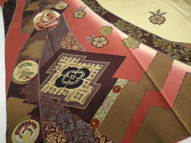 平和屋着物○訪問着 刺繍 熨斗鳳凰草花文 暈し染め 金彩 正絹