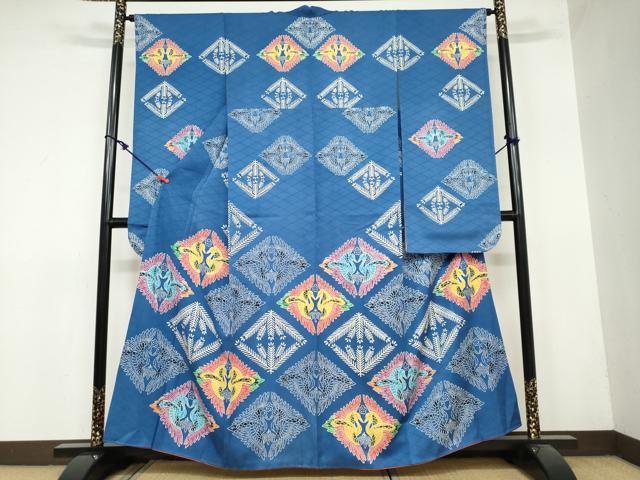 平和屋着物●豪華振袖　型染め　双鶴菱文　正絹　逸品　DAAY5581ud