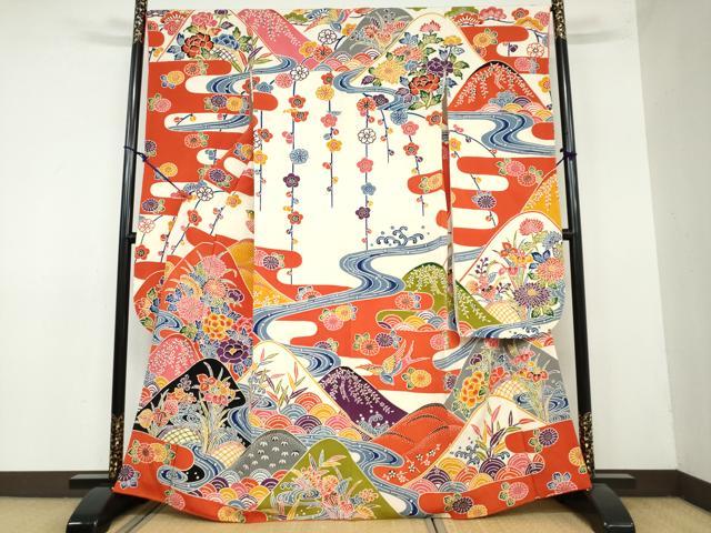 平和屋着物●豪華振袖　型染め　流水花鳥文　鬼しぼ縮緬　正絹　逸品　DAAY5618ud