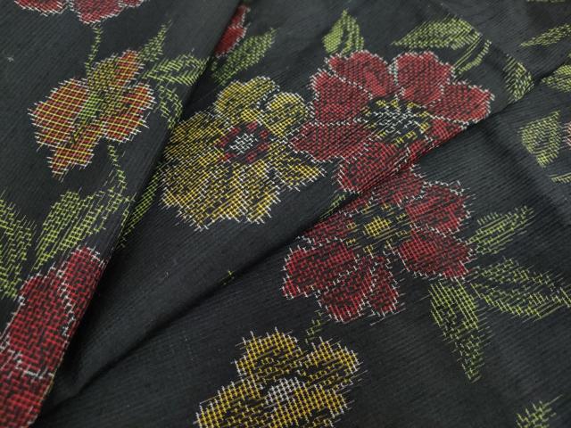 平和屋着物●上質な紬　草花文　黒地　正絹　逸品　DAAY5648ud