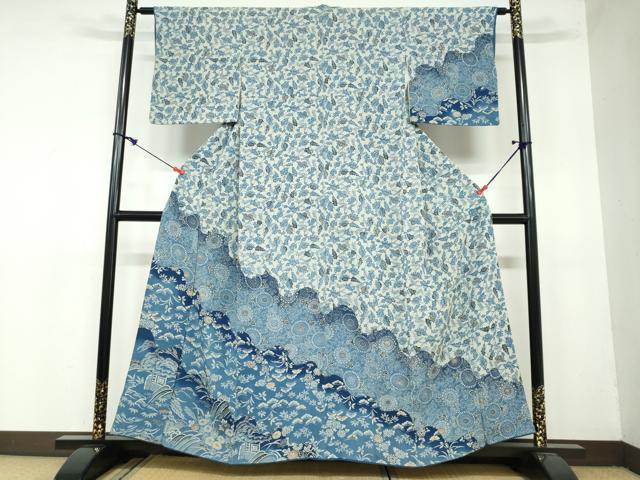 平和屋着物●訪問着　藍　型染め　道長草花文　鬼しぼ縮緬　正絹　逸品　DAAY5788ud